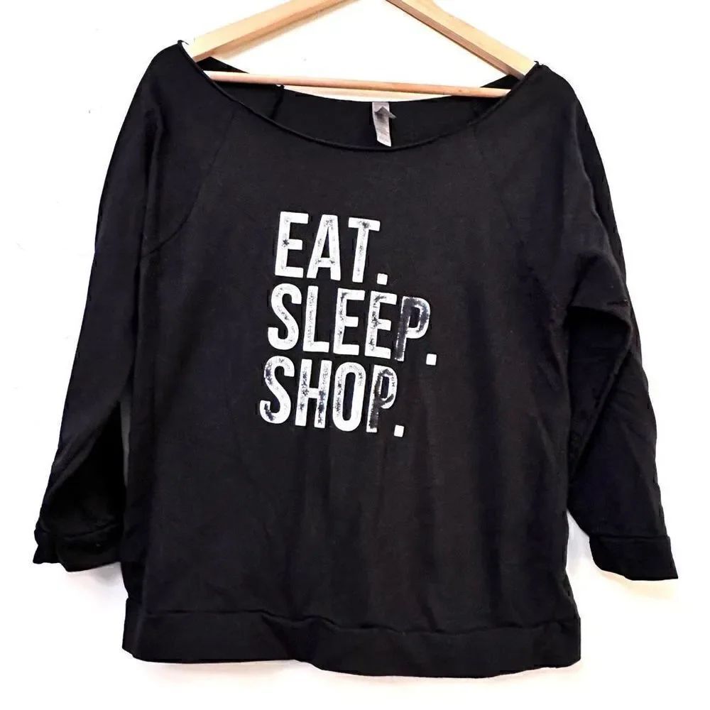 Next Level Apparel Womens Raglan Sleeve Top Pullover EAT SLEEP SHOP Black Large